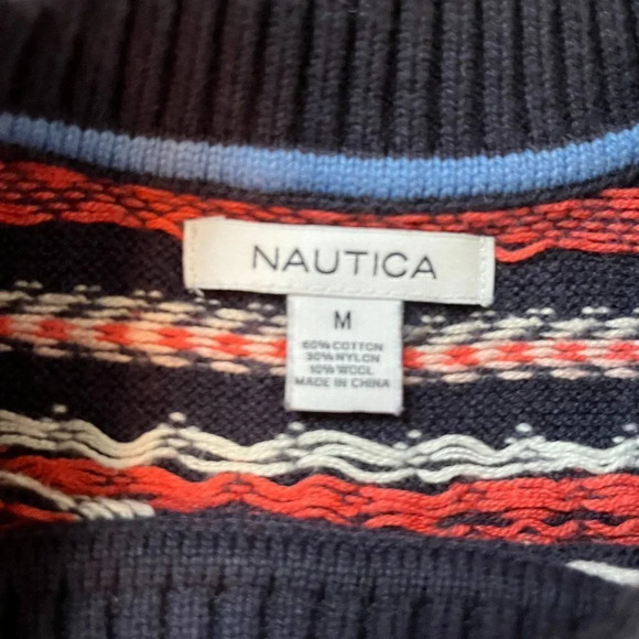 Nautica Navy Blue Fair Isle Crew Neck Sweater Nautical Wool Blend - Size M - Picture 4 of 8